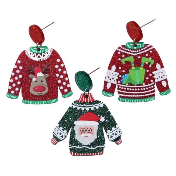 NWT 3 PC Set Of Glittery Fun Ugly Christmas Sweater Dangle Earrings - Picture 2 of 8